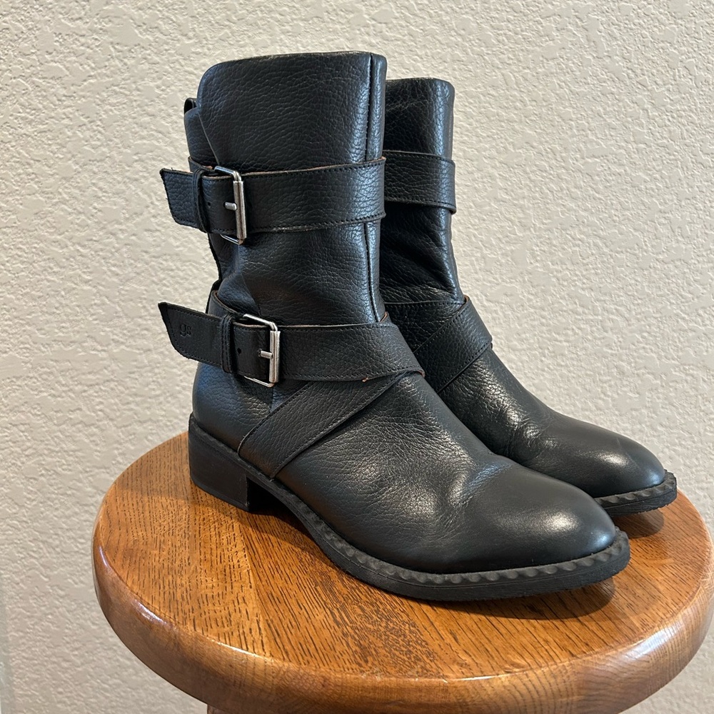 Kenneth Cole Black Leather Combat Boots with Buckle Straps